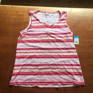 Basic Editions Pink, White, and Red  Striped Henley Style Tank Top